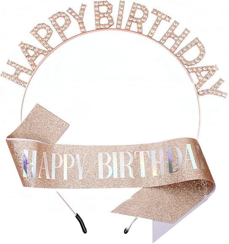 Rose Gold Birthday Crown & Sash Set – Sparkly Tiara with Rhinestones | Rose Gold