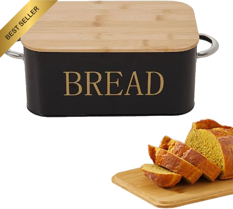Metal Bread Box with Bamboo Lid – Chic Kitchen Bread Storage Container with Hand