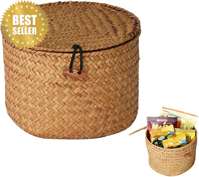 Wicker Basket with Lid, Handwoven Seagrass Storage Basket, round Rattan Organize