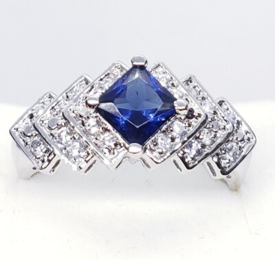 solid 925 sterling silver simulated sapphire and white cubic zirconia ring SSSA