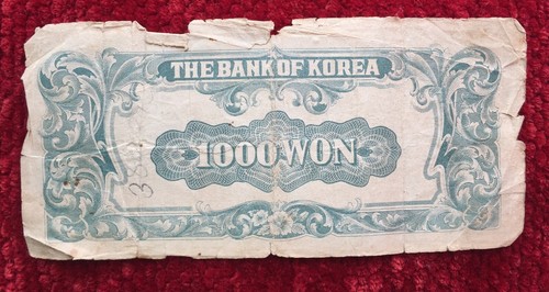 RARE!! Old Vintage Korean 1000 Won Bill Paper Currency From 1950
