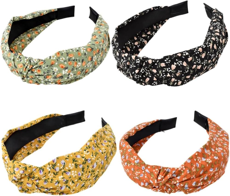 4PCS Boho Wide Top Knot Turban Fabric Headband No Slip Elastic Hair Band