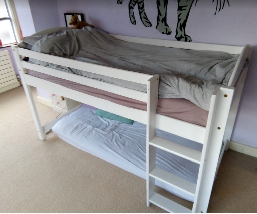 Midsleeper single bed. White. Wood. Good condition. Ideal for storage