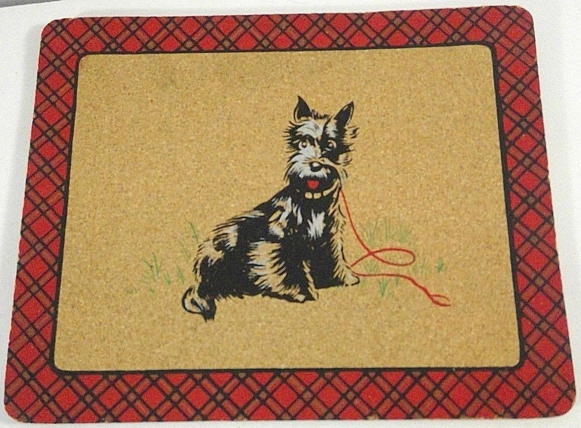 3 vintage cork trivets black scotty dogs red plaid border 7.5x6.5 & 9.5x7.5