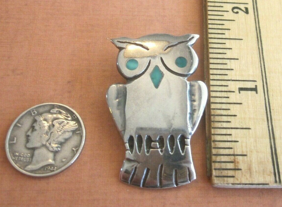 VTG Sterling Silver Adorable Owl Brooch Pin-Turquoise Inlay-Signed JC DN-10.4g