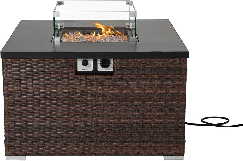 Dark Brown Rattan Fire Pit Table with Waterproof Cover