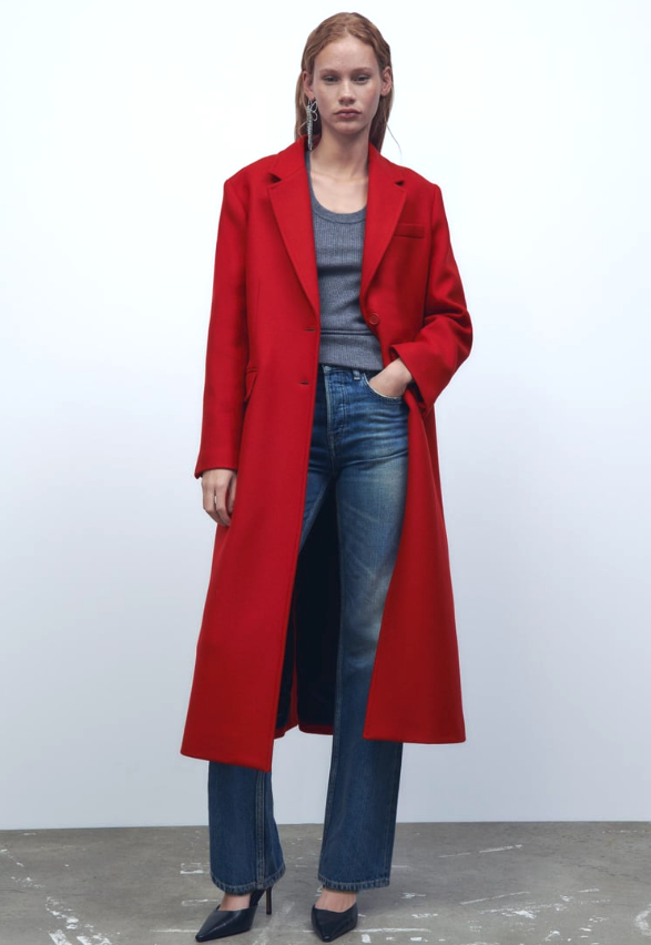 Pre-owned Zara Women Manteco Wool Blend Fitted Wool Blend Long Coat Red 8641/744