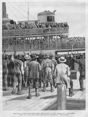 FIRE ISLAND CHOLERA OUTBREAK IMMIGRANTS STOPPED BY MOB LANDING OF THE NORMANNIA 