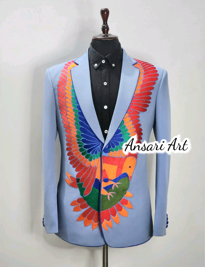 Pre-owned Art Men's 2pc Bespoke Country Western Suit Phoenix Floral Embroidered Piping Vintage In Blue