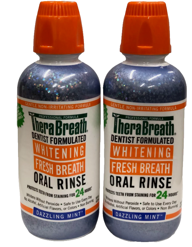 2 Pack TheraBreath WHITENING Fresh Breath 16oz Oral Rinse DAZZLING MINT 09/26
