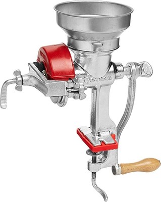 Manual Low Hopper Grain Grinder, silver, red