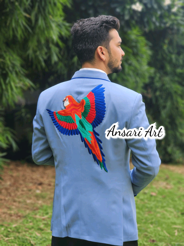 Pre-owned Art Men's 2pc Bespoke Country Western Suit Phoenix Floral Embroidered Piping Vintage In Blue