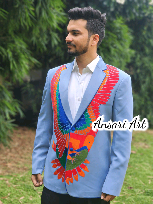 Pre-owned Art Men's 2pc Bespoke Country Western Suit Phoenix Floral Embroidered Piping Vintage In Blue