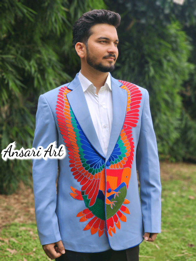 Pre-owned Art Men's 2pc Bespoke Country Western Suit Phoenix Floral Embroidered Piping Vintage In Blue
