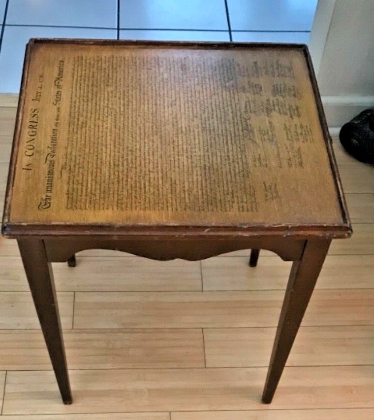 Antique Wooden Declaration of Independence side Table with pull out Shelf