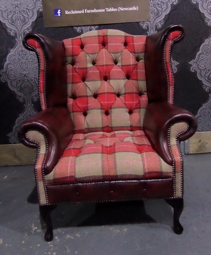 New Chesterfield Queen Anne Wing Back Chair in Tartan Fabric & Oxblood