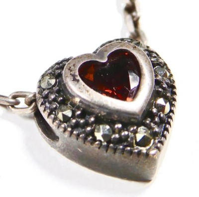 Marcasite Heart Pendent on 16'' Sterling Silver Link Chain, DBJ Faux Ruby Center 