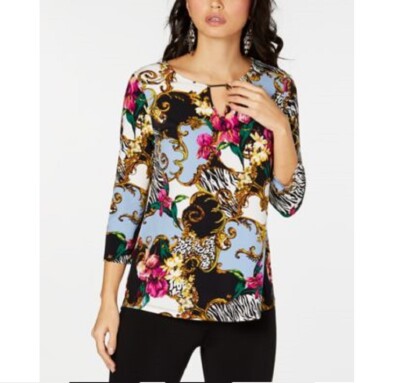 Thalia Sodi Womens Size Medium Blue Combo 3/4 Sleeve Split Neck Tunic Top NEW