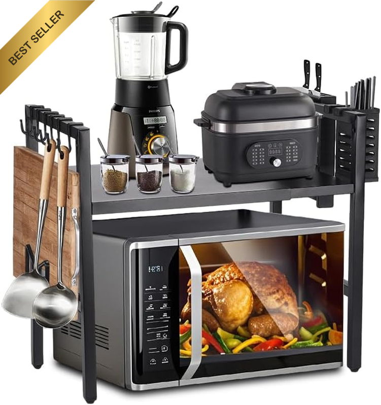 2-Tier Microwave Oven Rack Adjustable Kitchen Storage Shelf with 6 Hooks, Knife