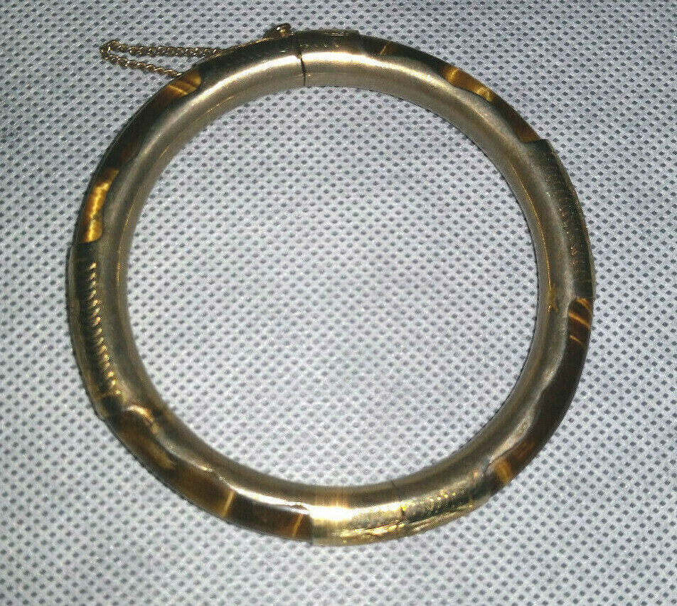 Chinese Gold Plated TIGER'S EYE Hinged Bracelet Vintage