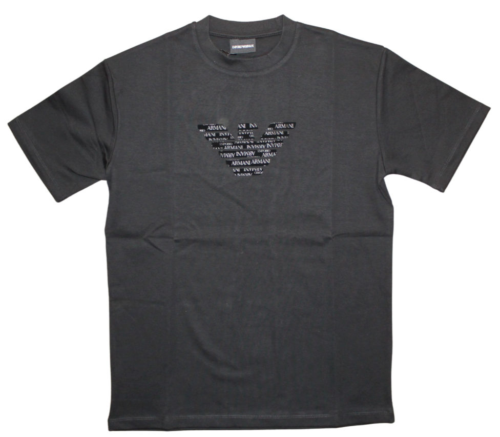 EMPORIO ARMANI Men Black Cotton T Shirt with Relief Eagle