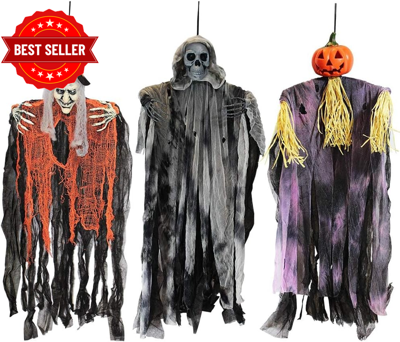 3 Pack 35” Hanging Ghosts Witch Pumpkin Decor Hanging Halloween Decorations Outd
