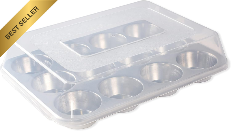 USA Natural Aluminium 12-Cup Muffin Pan with High-Domed Lid, 34 X 25 X 8 Cm