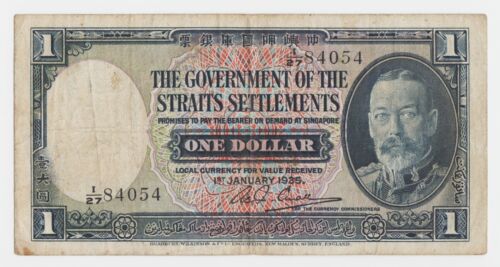 Straits Settlements 1 Dollar 1935 P62b King George Original VF Tiger Woman Rare