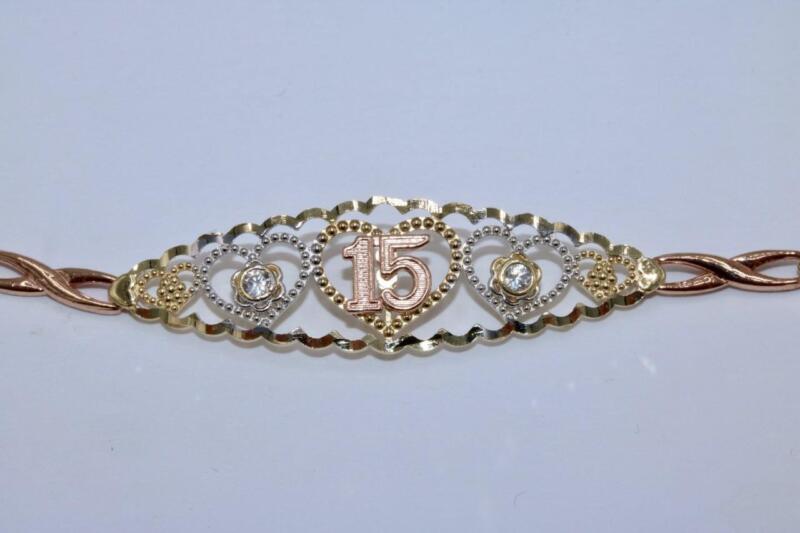 10k Tri Color Gold Sweet "15" Bracelet Infinity Link Quinceañera Pulsera 5.8gr