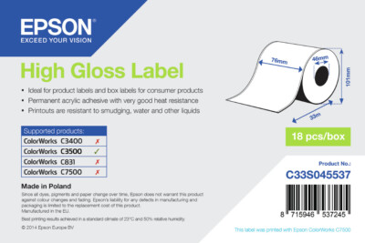 EPSON C33S045537 Roll Continuous Labels 76mmX33mt COLORWORKS C3500 [1 Roll]