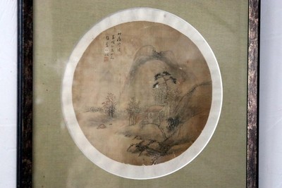 VERY EARLY CHINESE MOUNTAIN LANSCAPE SILK  ROUND SCROLL PAINITNG
