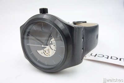 Pre-owned Swatch Swiss  Sistem Pilote Black Leather Automatic Date Watch Yib404 $270
