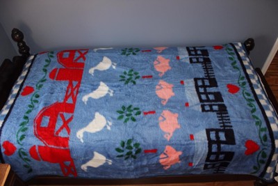 Vintage Dinarsu Turkey Crown Crafts Blanket Fuzzy Fleece Barn House Pigs RARE!