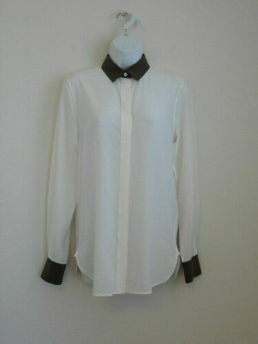 Pre-owned Celine Silk Offwhite Brown Collar Cuff Contrast Long Sleeve Blouse Top 38/6 In White