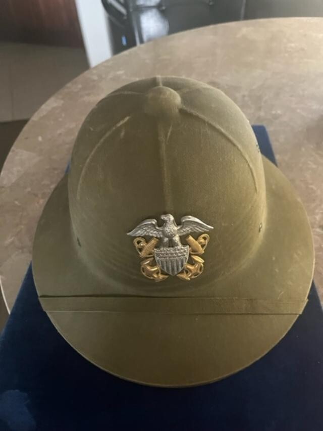 Vtg US NAVY Officer Olive Green Pith Helmet WW2 - Contract N140-62236s-19048B