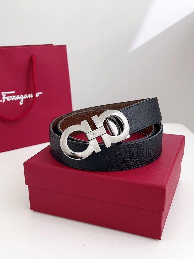 Pre-owned Ferragamo Salvatore  Black/brown Double Sided Adjustable Belt Silvery Buckle
