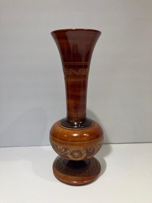 Vintage Hand Carved Etched design Wooden Vase Brown 9'' with Floral