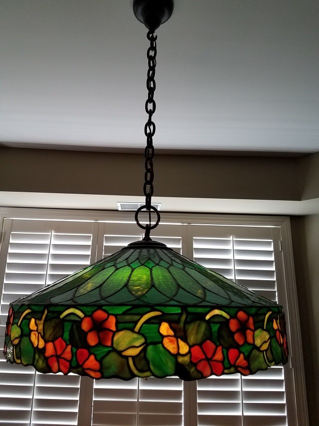 DUFFNER AND KIMBERLY CA 1910 NASTURTIUM HANGING LEADED LAMP COMPLETE TIFFANY HAN