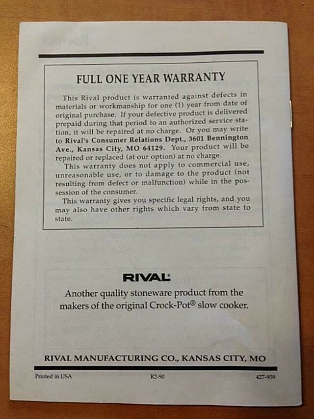 Rival Crock Grill Model 5750 Instruction Manual Recipe Book