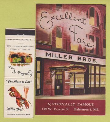 Matchbook Postcard Combo - Miller Bros Restaurant Baltimore MD Fold Out Postcard
