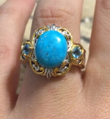 12 x 10mm Bird's Eye Turquoise & Swiss Blue Topaz Sterling Palladium Ring NEW