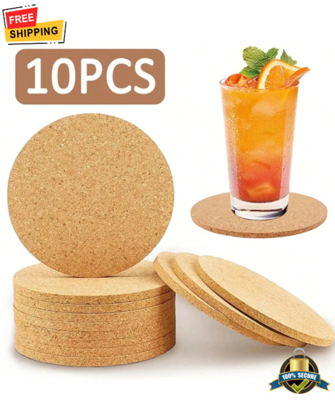 10PCS Round Wooden Cork Coasters - Durable Non-Slip Mats for
