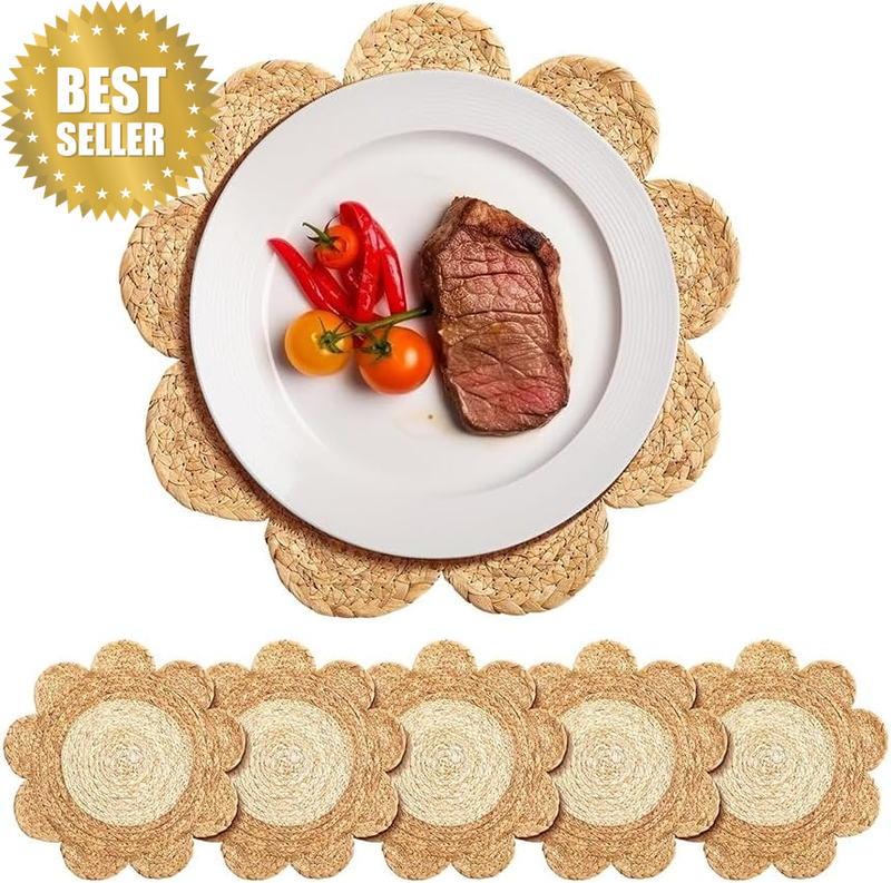 Set of 6 Fan Shaped Woven Placemats, Casserole Coaster, Flower Shaped Woven Plac
