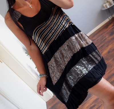 Long Tunika M L Trend Kleid Neu Pailletten Glitzer Schwarz Blogger Strand Boho