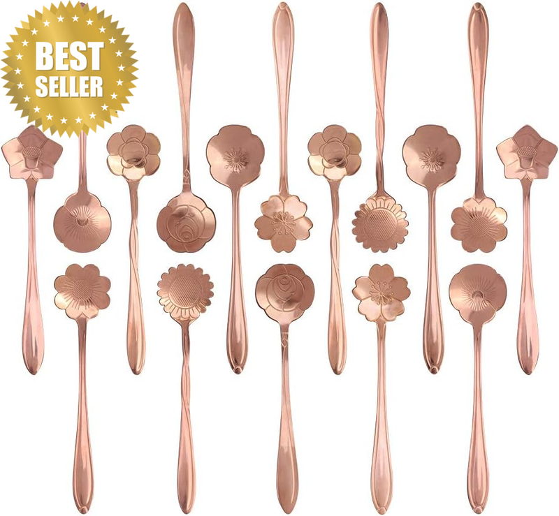 Set of 16 Stainless Steel Dessert Spoons for Coffee, Ice Cream and Tea, Flower S