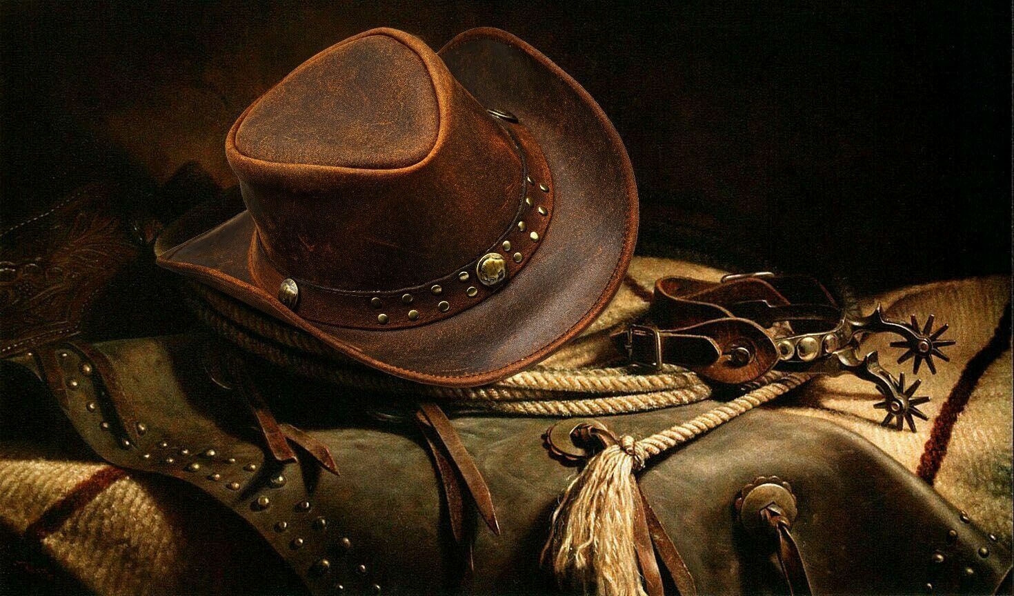 ::Men and Women Brown Genuine Leather Cowboy Western Hat 