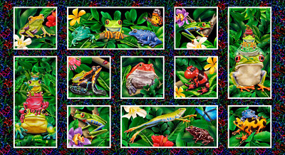 23'' Fabric Panel | Studio E Jewels Jungle Frog Blocks Green Black