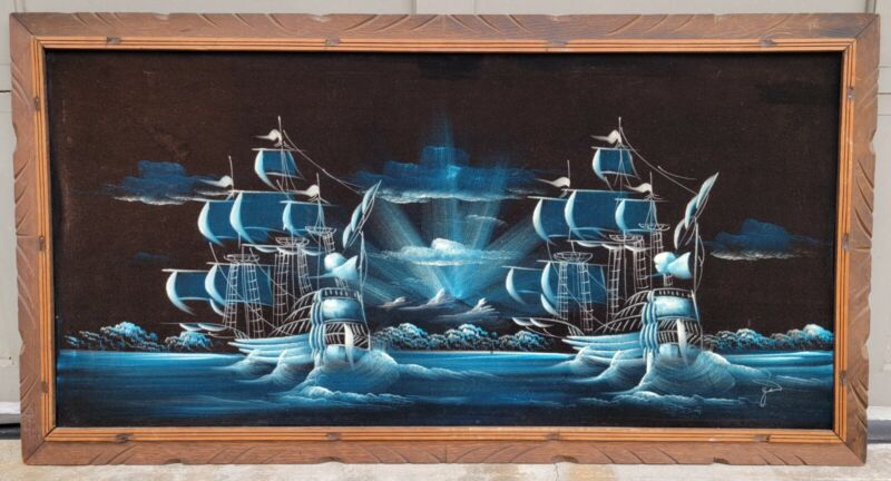 Vtg Velvet Felt Painting Large Pirate Ship Scene Mid Century Artist Signed 49"