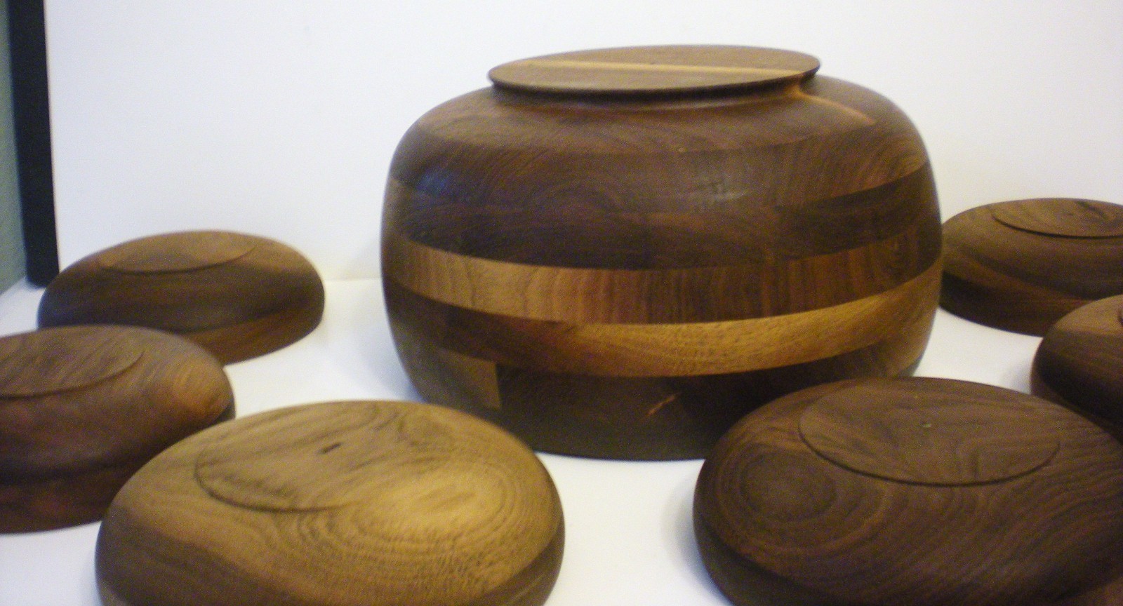 Wood Salad Bowl Set 7 Pc Vintage Warm Patina MCM Walnut?