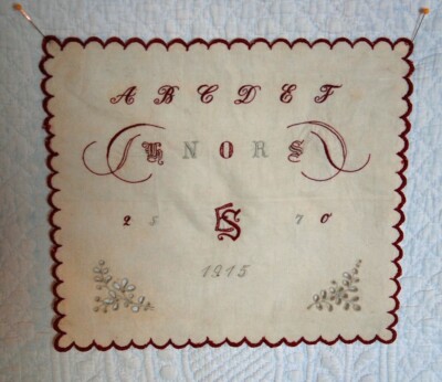 REDUCED 1915 RED WORK ANTIQUE SAMPLER ALPHABET LETTERS OPEN WORK SCALLOPED EDGE